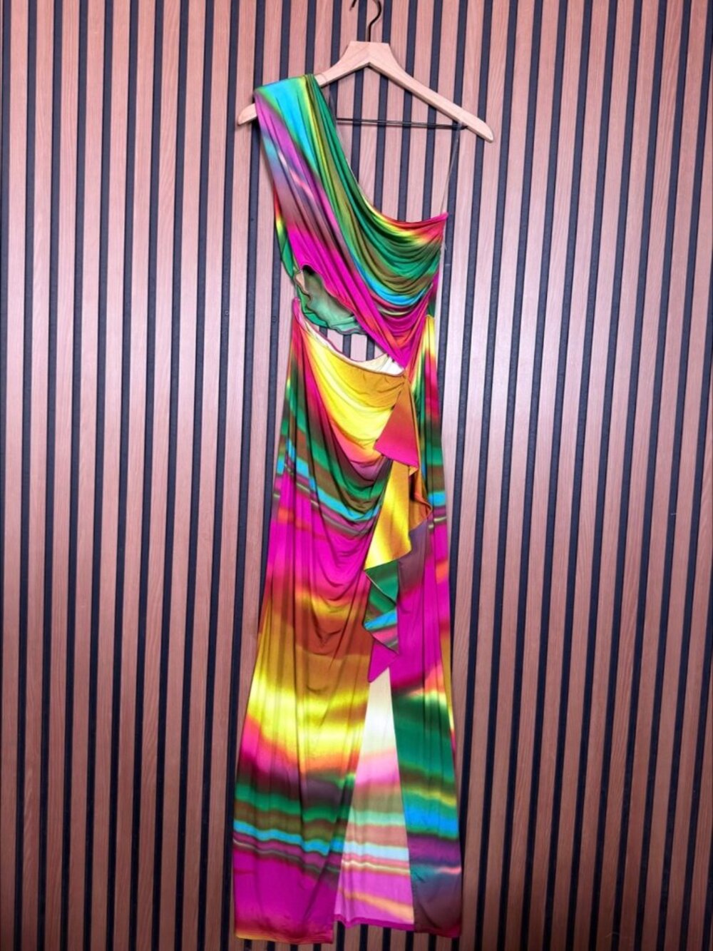 New Lily’s Kloset Dress XL Womens Multicolor One Shoulder Midi Leg Slit Rag Doll